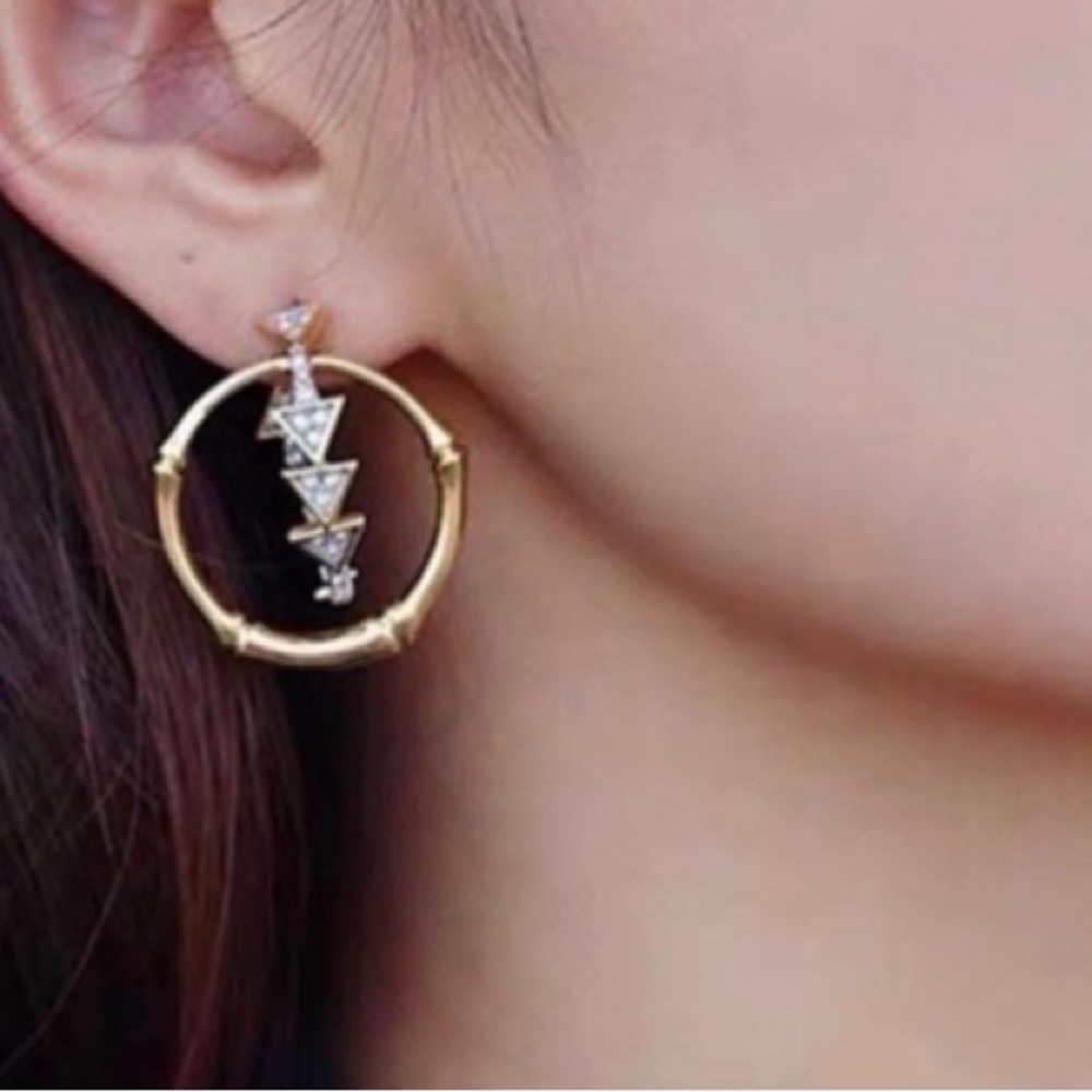 ALEXIS BITTAR • Gold & Silver Bamboo Crystal Double Hoop Orbiting Post Earrings - Picture 5 of 10